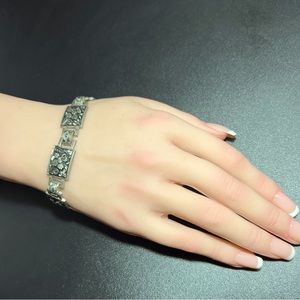 Antique Silver Damascene Panel Fancy Floral Link Bracelet Safety Chain